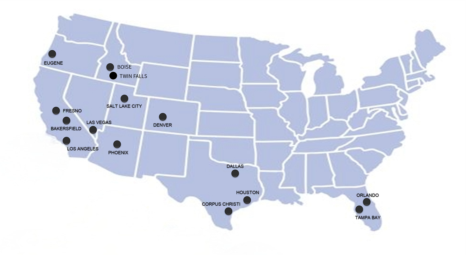 MrAntenna USA locations in Bakersfield, CA; Boise, ID; Corpus Christi, TX; Dallas, TX; Denver, CO; Eugene, OR; Fresno, CA; Houston, TX; Las Vegas, NV; Los Angeles, CA; Orlando, FL; Phoenix, AZ; Salt Lake City, UT; Tampa, FL; Twin Falls, ID